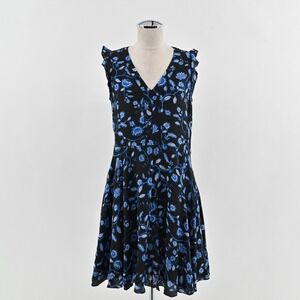 Rebecca Taylor Kyoto Silk‎ Dress Size 6 Blue Floral Ruffle Romantic Sleeveless